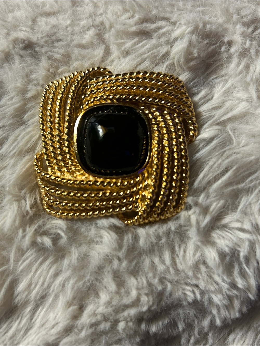 Trifari Gold-Tone Twisted Rope Brooch with Black Cabochon